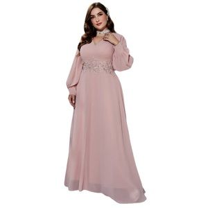 Dusty Pink Chiffon Lantern Sleeve Appliques Dress